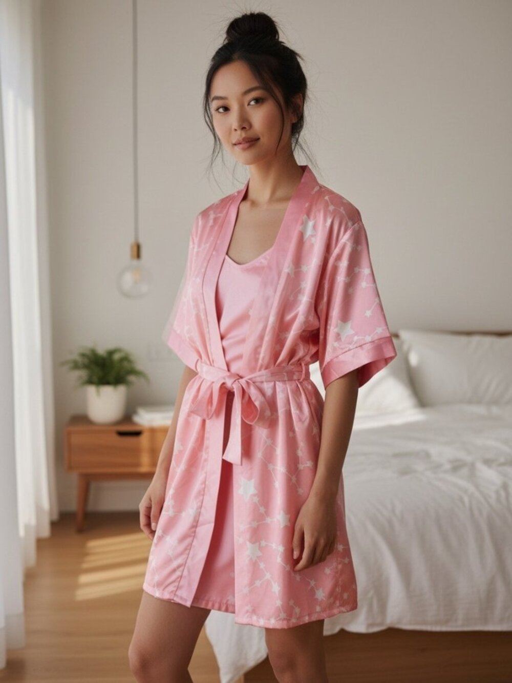 Sindrella Women Pink Satin Star Print Robe and Slip 2 Piece Set Size M